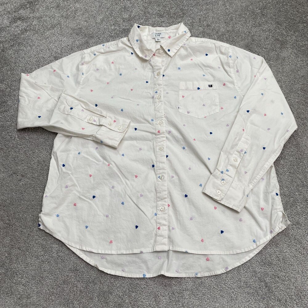 Crown & Ivy Embroidered Button Down Shirt Womens PL White Long Sleeve Heart Top